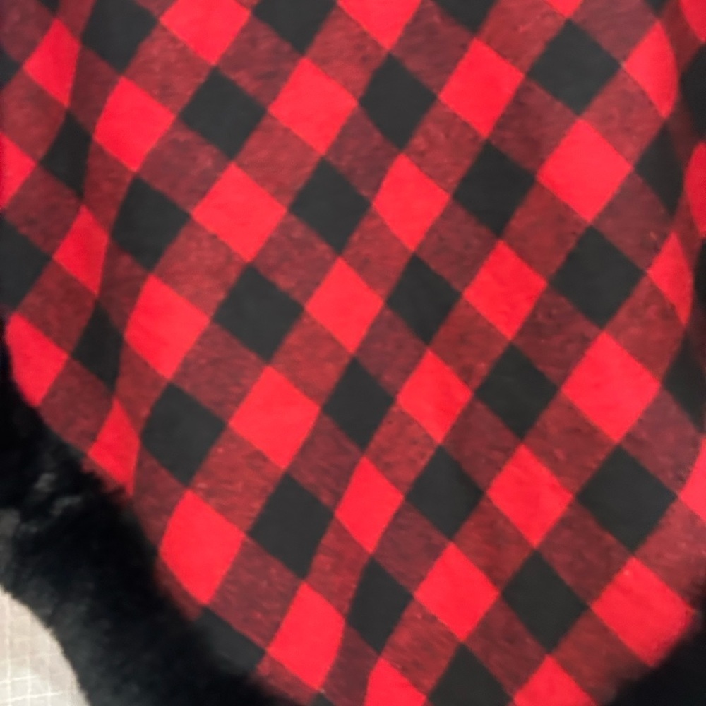 Red and Black Plaid Reversible Poncho with Faux Fur Trim - Picture 2 of 4